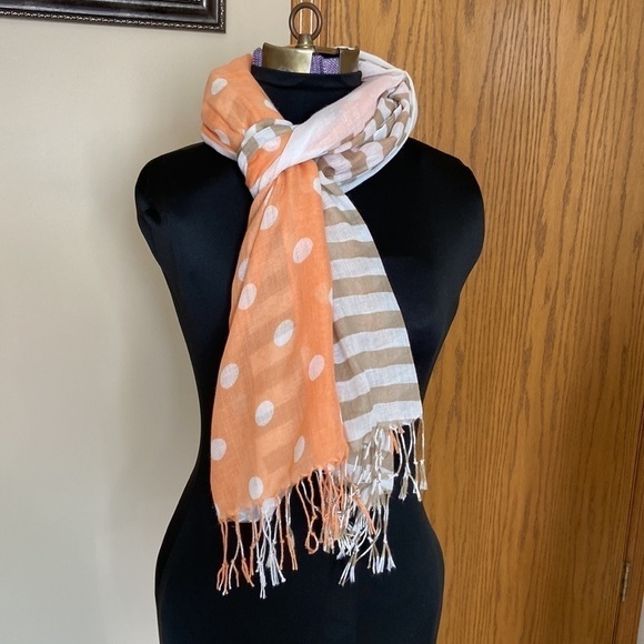 Polka Dot and Striped Scarf Melon White and Tan - Picture 3 of 5
